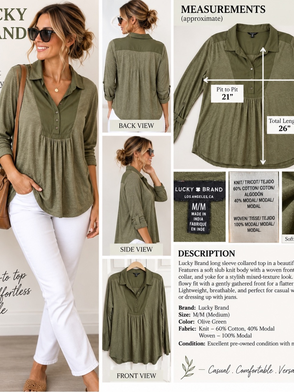 Lucky Brand Olive Green Mixed-Texture Long Sleeve Tunic #138